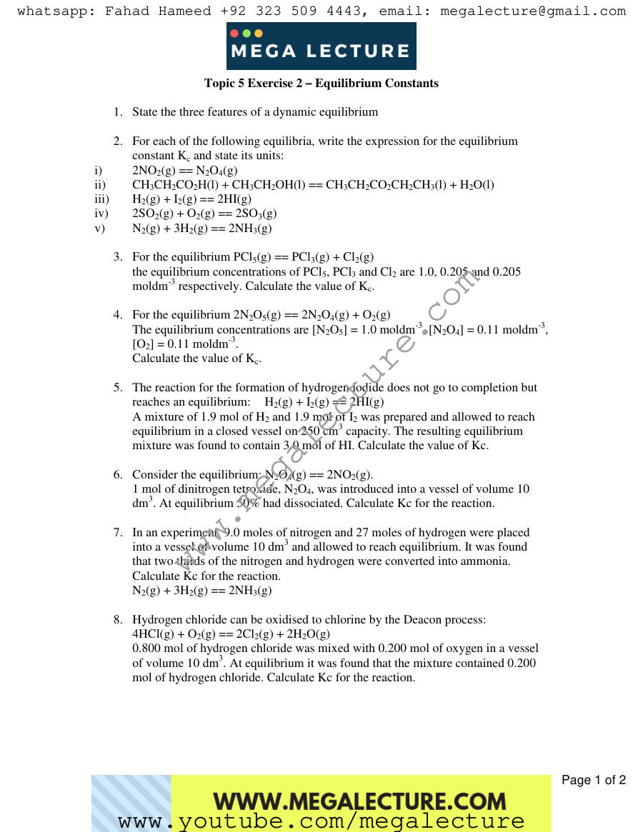 Page 1 of Exercise Equilibrium Constants — Worksheet