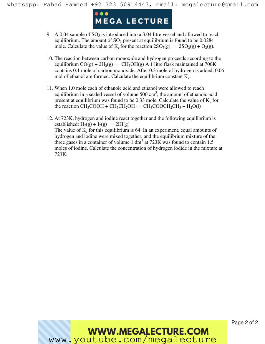 Page 2 of Exercise Equilibrium Constants — Worksheet