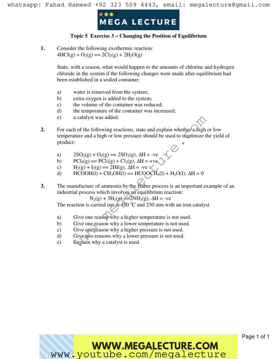 Page 1 of Exercise Changing The Position Of Equilibrium — Worksheet