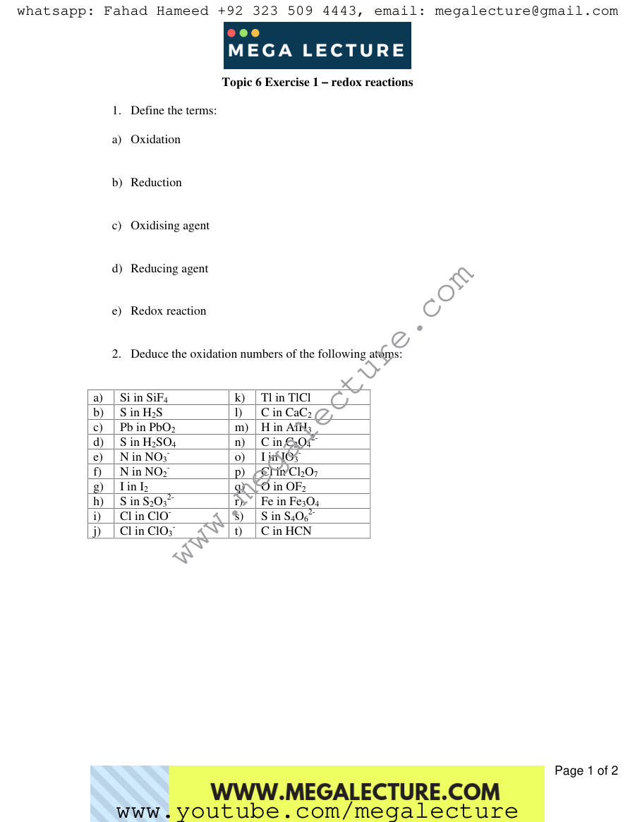 Page 1 of Exercise Redox Reactions — Worksheet