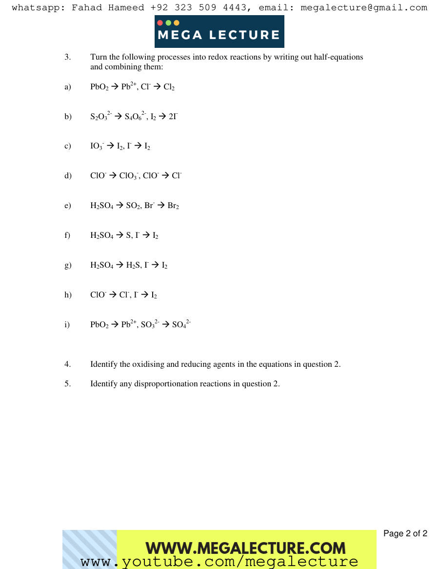 Page 2 of Exercise Redox Reactions — Worksheet