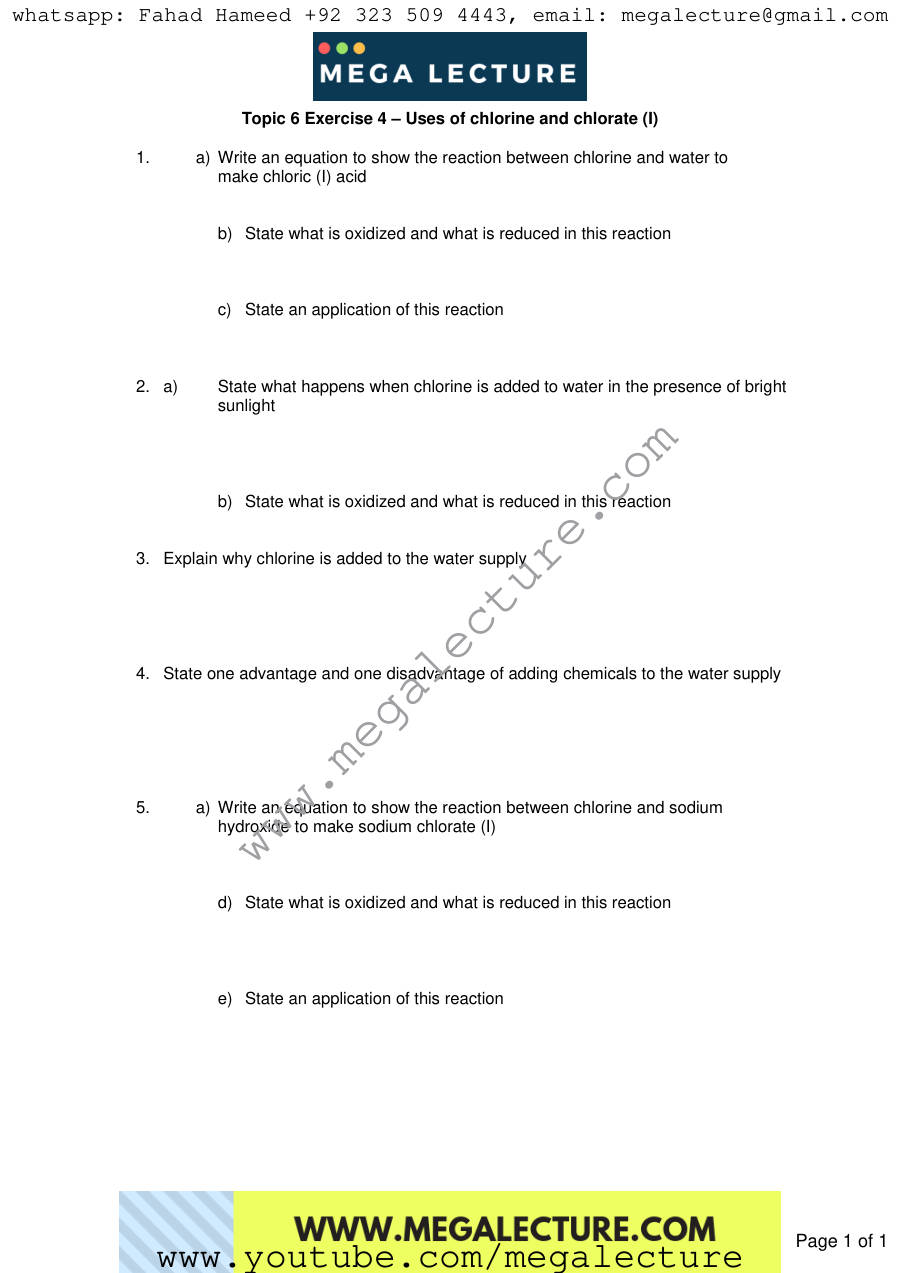 Page 1 of Exercise Uses Of Chlorine And Chlorate I — Worksheet