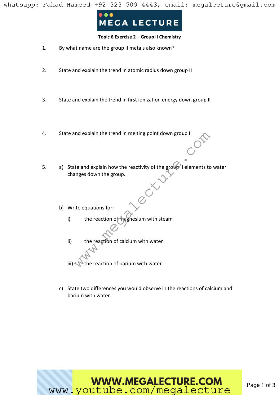 Page 1 of Exercise Group 2 Chemistry — Worksheet
