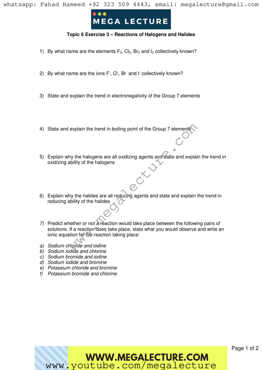 Page 1 of Exercise Reactions Of Halogens And Halides — Worksheet