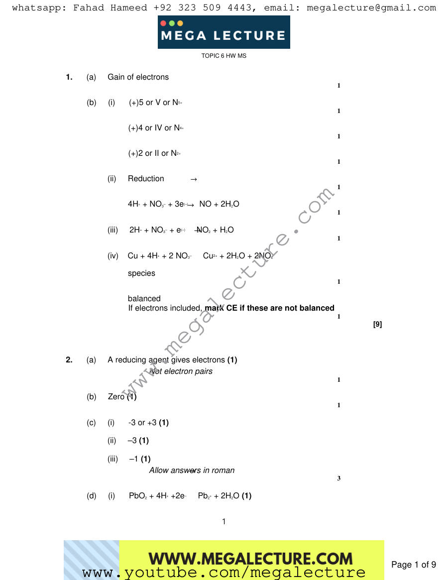Page 1 of Notes — Marking scheme