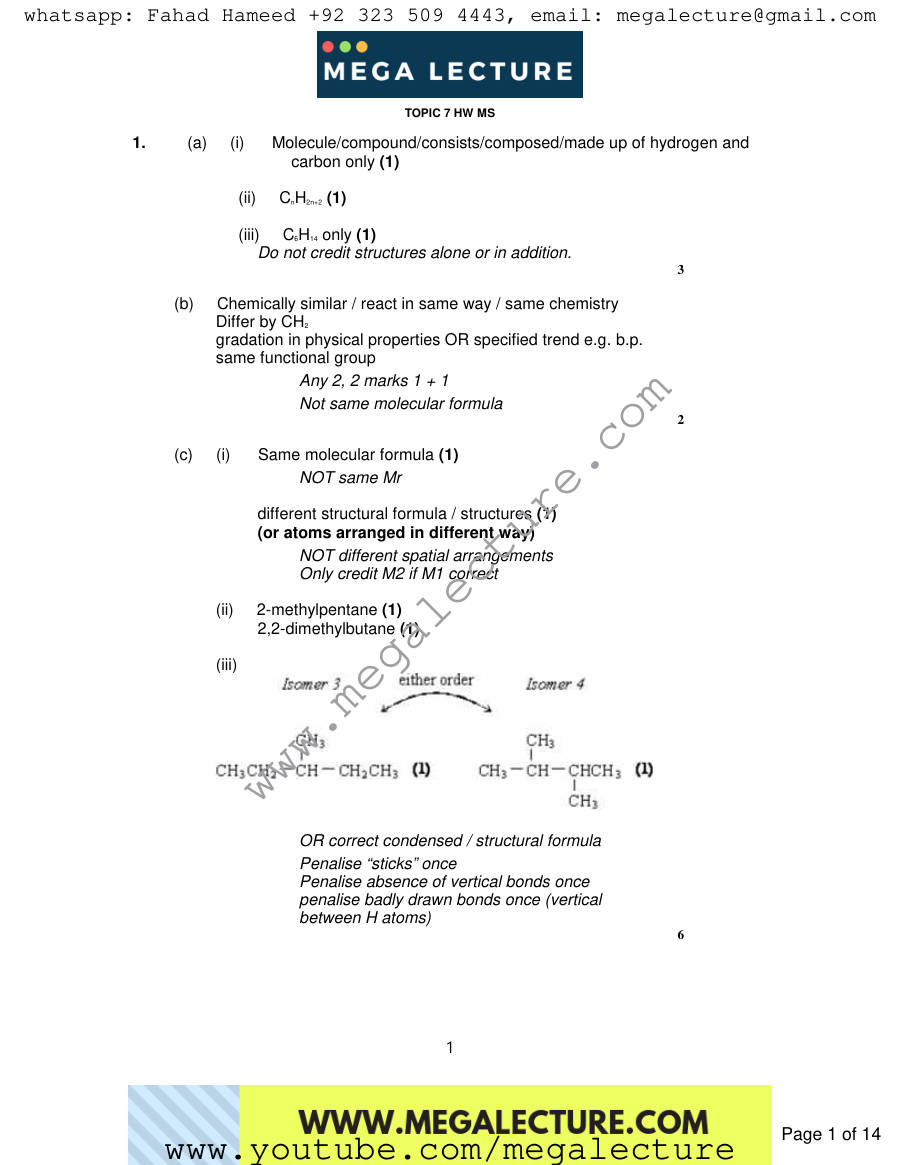 Page 1 of Notes — Marking scheme