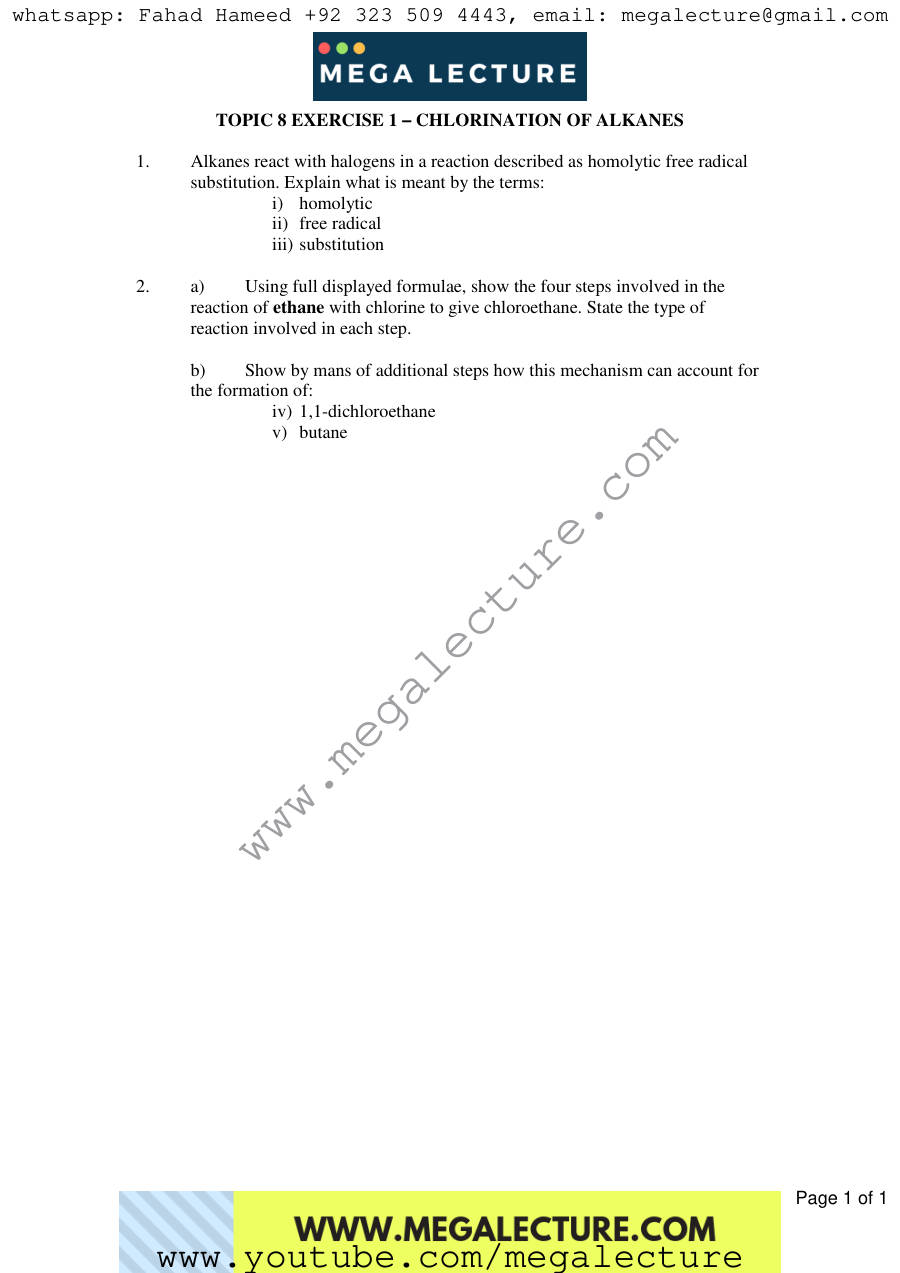 Page 1 of Exercise Chlorination Of Alkanes — Worksheet