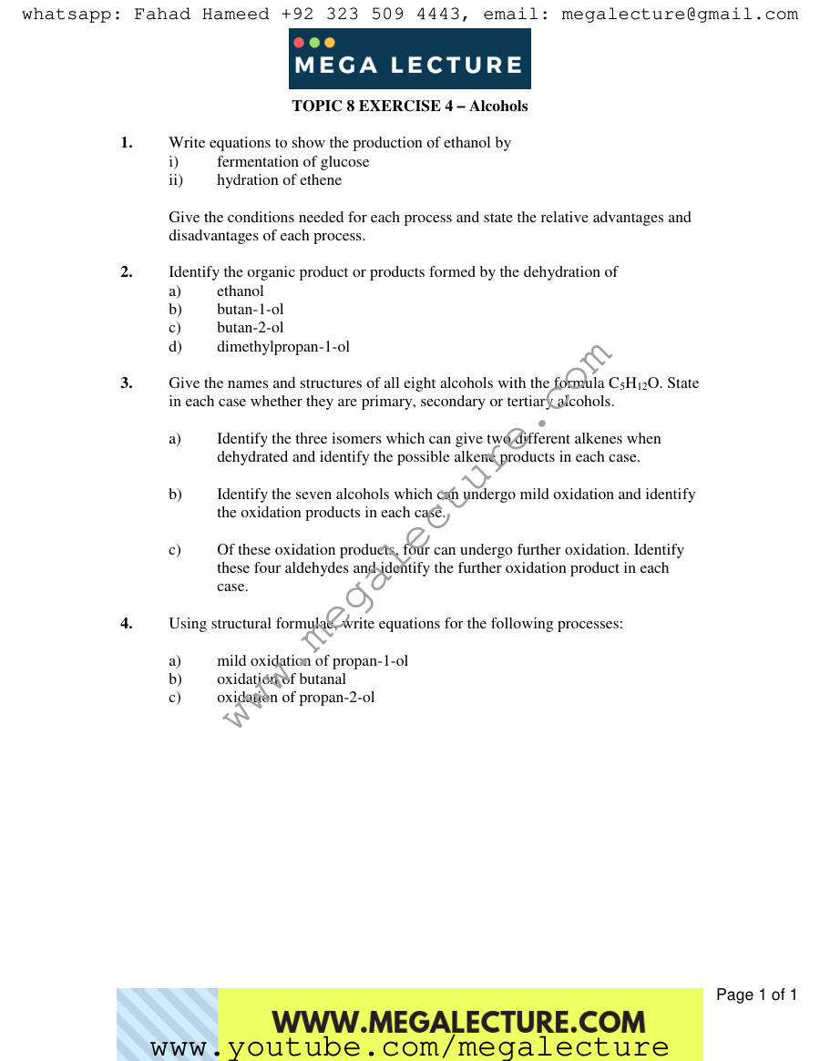 Page 1 of Exercise Alcohols — Worksheet