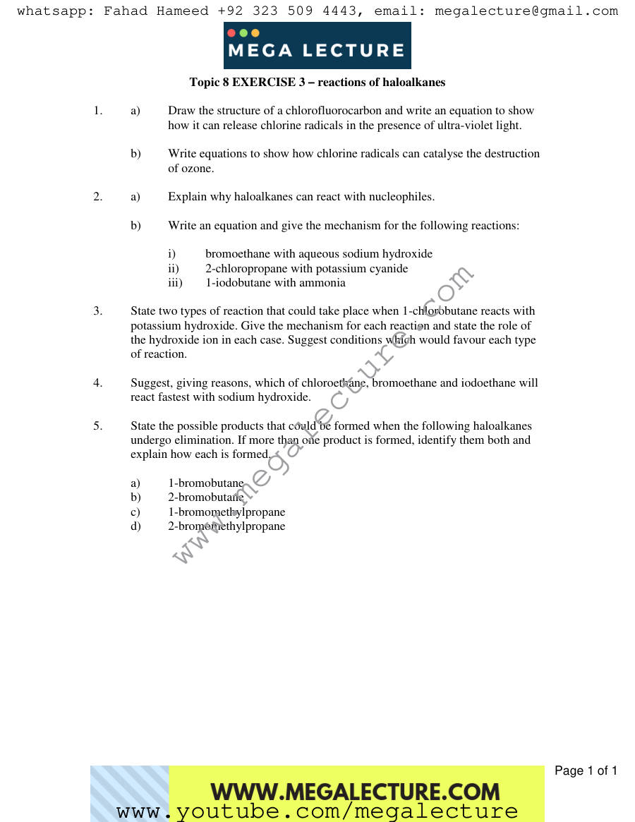 Page 1 of Exercise Reactions Of Haloalkanes — Worksheet