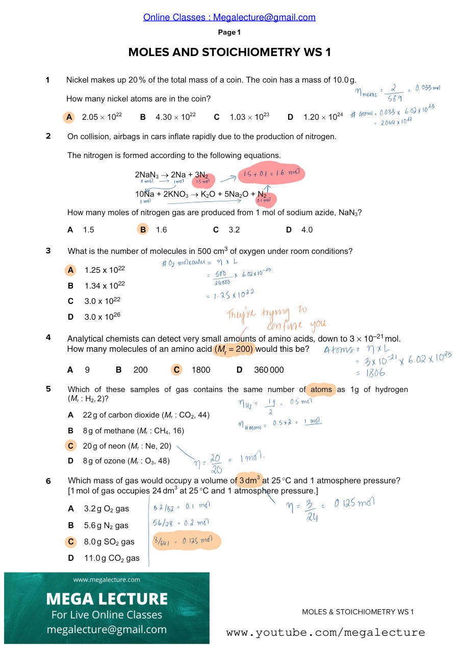 Page 1 of Moles And Stoichiometry — Answers
