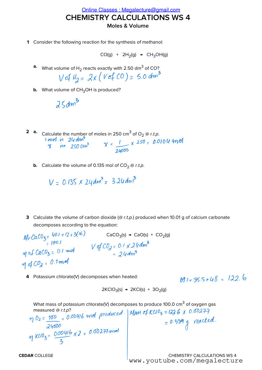 Page 1 of Moles And Volume — Answers
