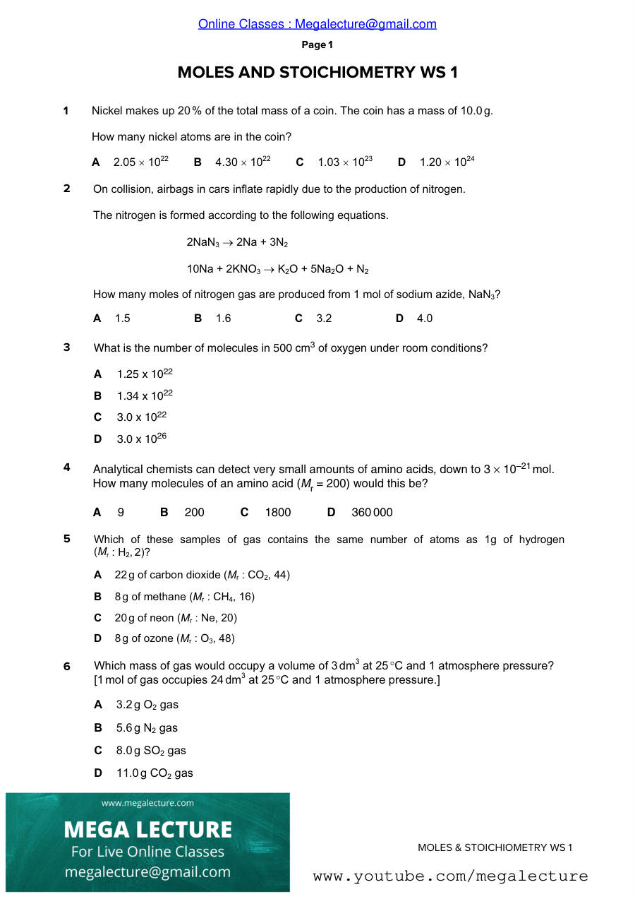 Page 1 of Moles And Stoichiometry — Worksheet