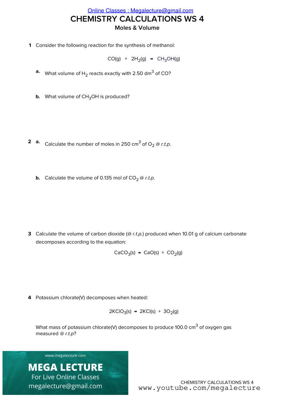 Page 1 of Moles And Volume — Worksheet